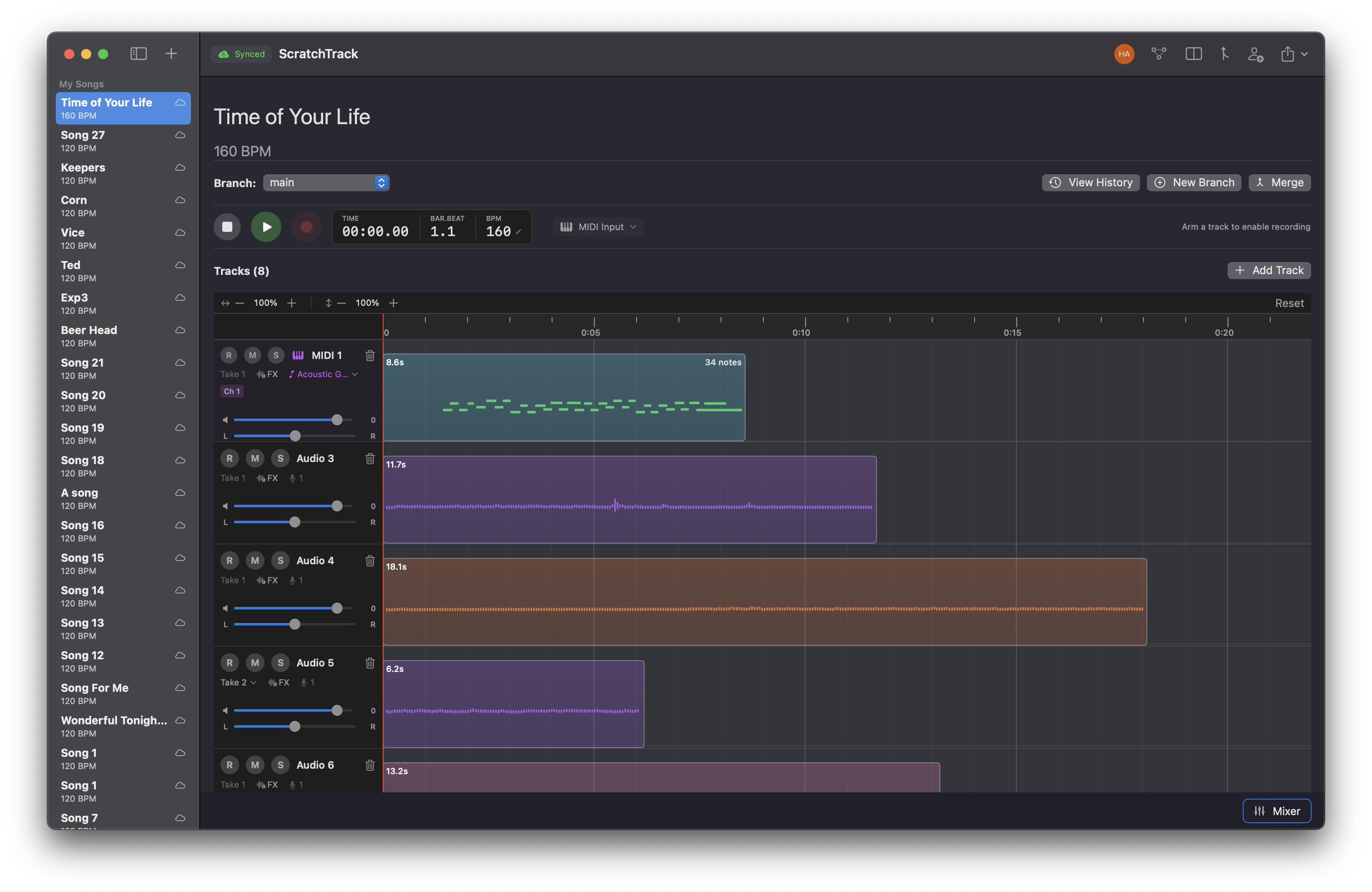 ScratchTrack main view with multi-track recording