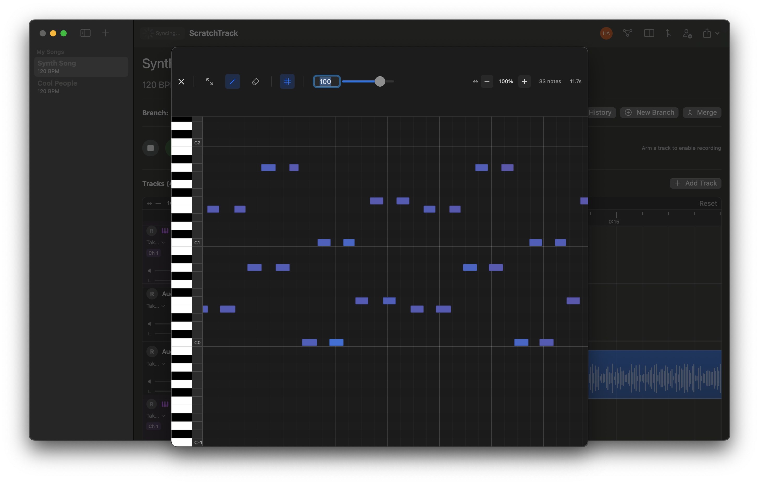 MIDI editor with piano roll